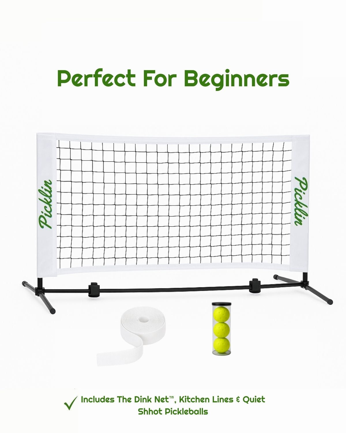 The Beginner Bundle: Dink Net, Kitchen Lines, Silent Pickleballs